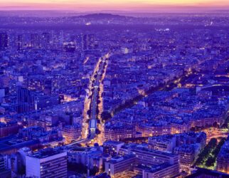 54940,Aerial view of Paris cityscape at night, Paris, Ile de France, France