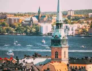 Stockholm, Sweden. Scenic View Of Skyline At Summer Day. Elevated View Of German St Gertrude's
